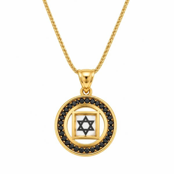 תליון זהב 14K מגן דוד ננו תנ"ך משובץ זרקונים שחורים – איתן